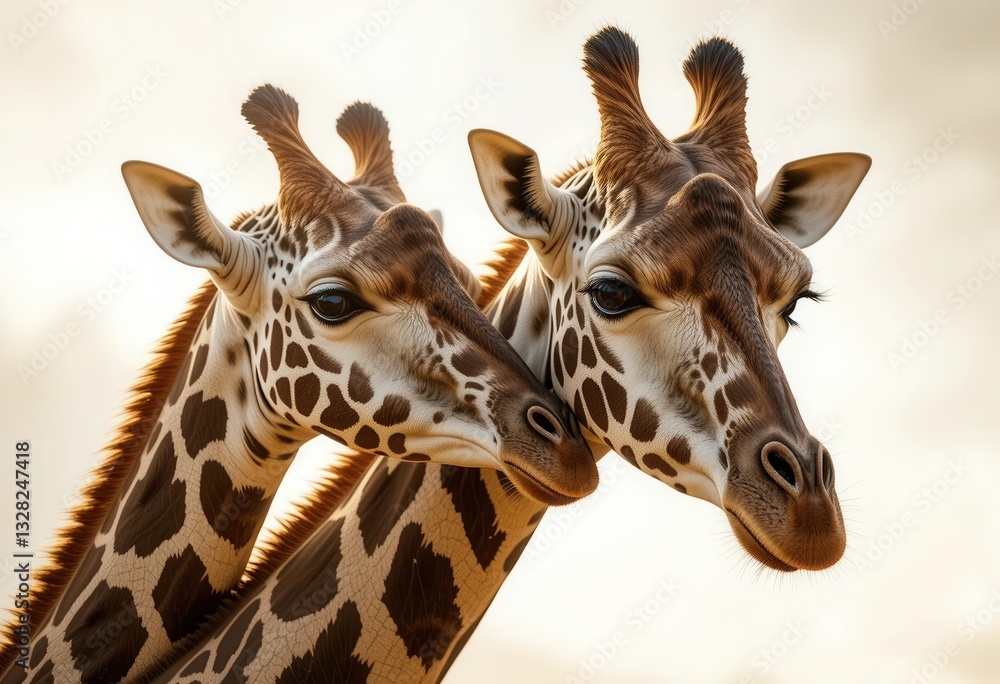Naklejka premium Two giraffes interacting under the soft glow of sunset