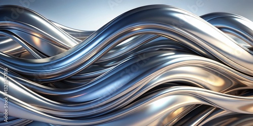 Wallpaper Mural Panoramic Reflective Silver Waves: Fluid Chrome 3D Minimalist Background Torontodigital.ca