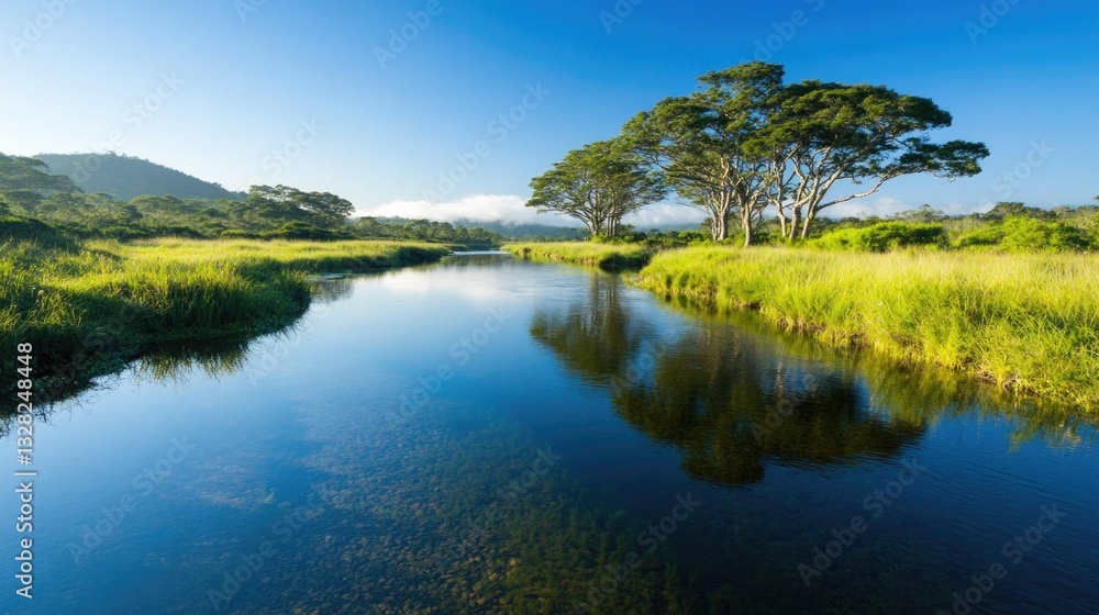 Obraz premium tranquil river meanders through verdant landscape under clear blue sky reflecting towering trees on its shimmering