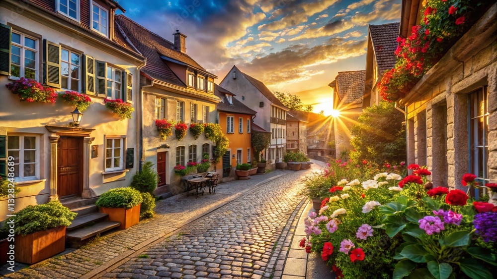 Fototapeta premium Panoramic Spring Morning in Ancient City: Golden Hour Sunlight on Cobblestone Streets