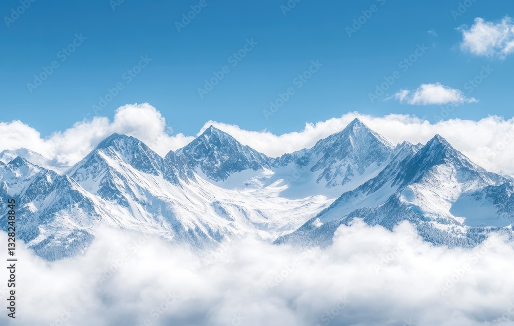 Majestic Snow-Capped Mountains Beneath a Bright Blue Sky with Wispy Clouds in the Background Creating a Breathtaking Scenic Landscape View Majestic Snow-Capped Mountains Beneath a Bright Blue Sky with Wispy Clouds in the Background Creating a Breathtaking Scenic Landscape View