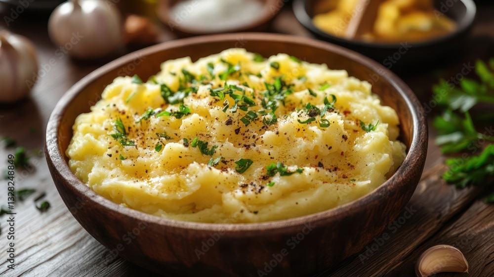 Bowl of mashed potatoes with green herbs on top Bowl of mashed potatoes with green herbs on top