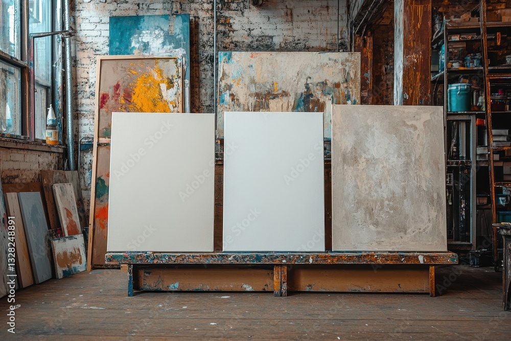 Obraz premium Three blank canvases sit on a rustic bench in an artist's studio. Perfect for showcasing artwork, mockups, or adding your own designs.