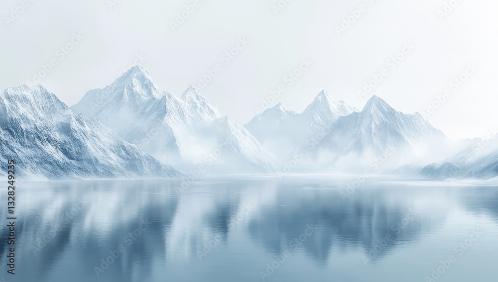 Obraz premium Majestic Snow-Capped Mountains Reflected in Tranquil Frozen Lake Under Soft Winter Fog in a Ethereal Landscape of White and Blue Hues