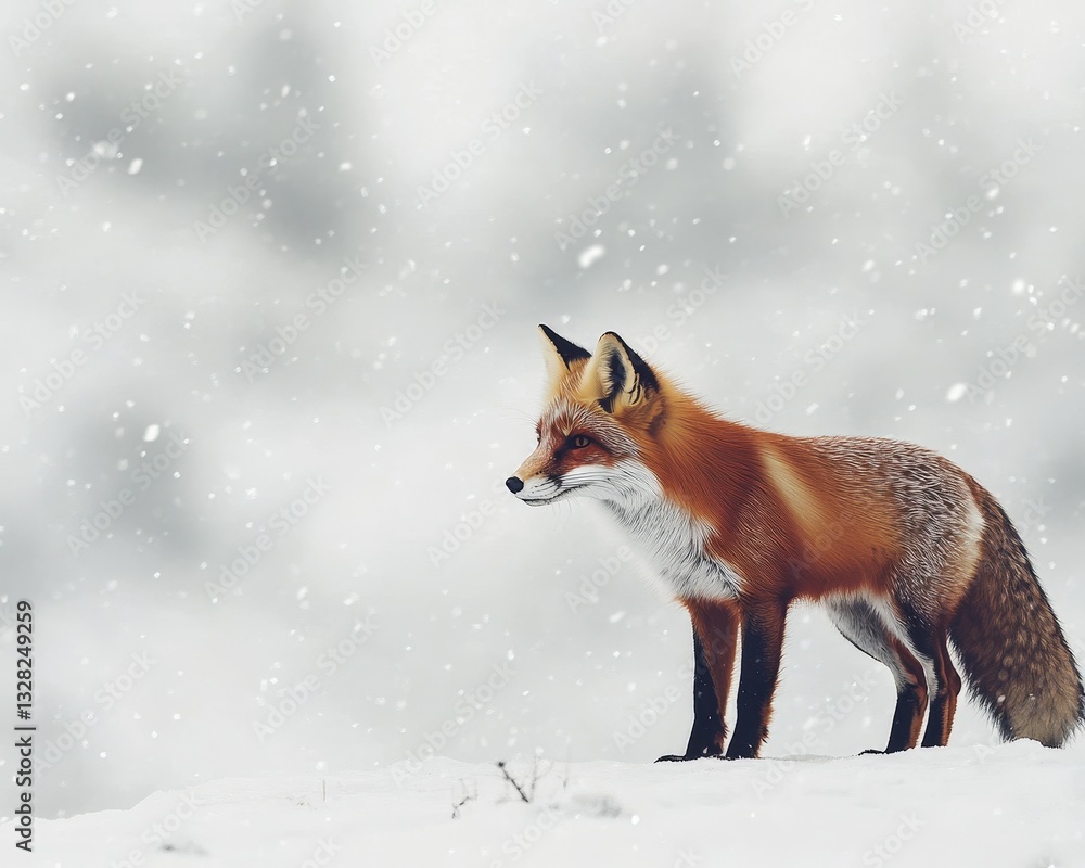 Obraz premium A playful fox exploring a snowy terrain with crystal clear snowflakes falling all around