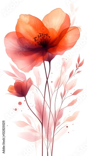 Wallpaper Mural Watercolor Painting Depicting Beautiful Delicate Red Flowers and Leaves Torontodigital.ca