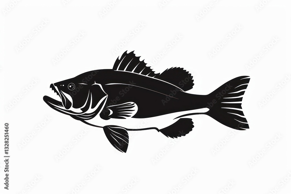 Obraz premium Bass fish silhouette illustration black white.