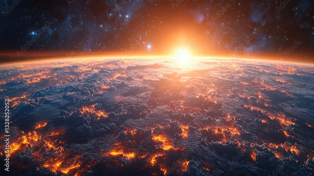 Fototapeta premium Fiery sunrise over Earth, showing clouds and glowing landmasses from space.