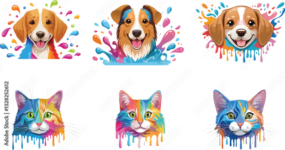 Obraz premium Portrait of a cute cat and dog with fluid colors dripping
