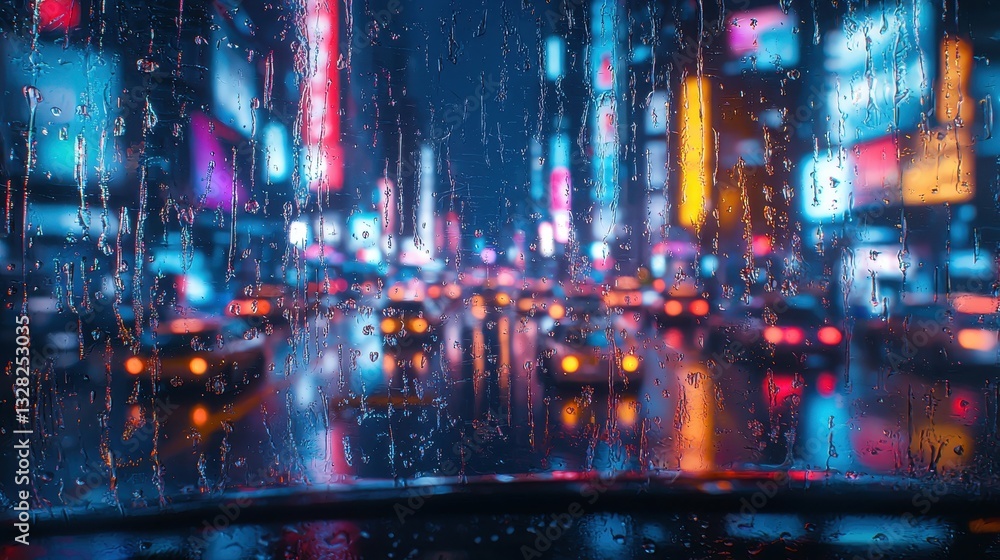 Blurry city lights seen through a rain-covered window at night in an urban setting Blurry city lights seen through a rain-covered window at night in an urban setting
