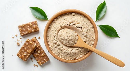Discover the future of sustainable protein with Cricket powder in a bowl with a wooden spoon on a white background This high-quality image showcases edible insect protein, a cornerstone for