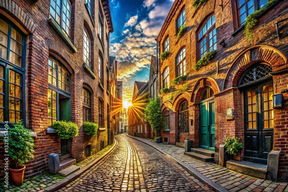 Obraz premium Panoramic View of Narrow Historic Building, Upward Angle, Architectural Detail