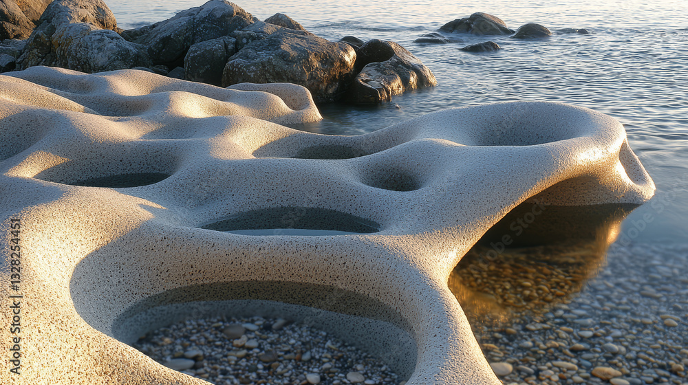 captivating beach view with rocky foreground showcases nature artistry, evoking sense of tranquility and wonder on shore