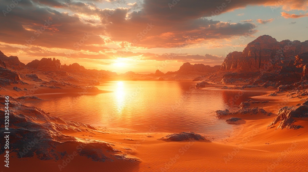 Obraz premium Vibrant sunset over serene desert lake.