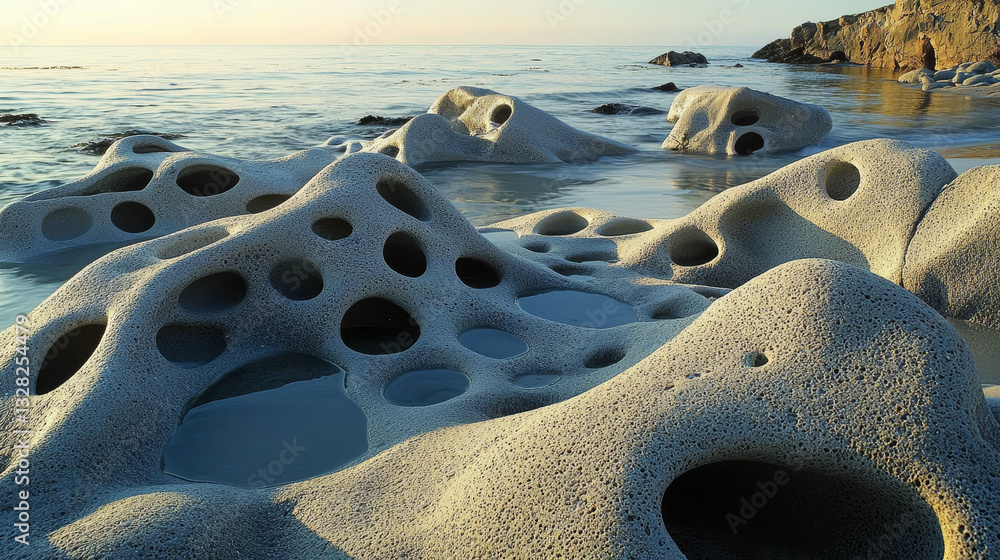 captivating rocky beach scene, water glistens under sun. natural holes on rocks create sense of awe and wonder