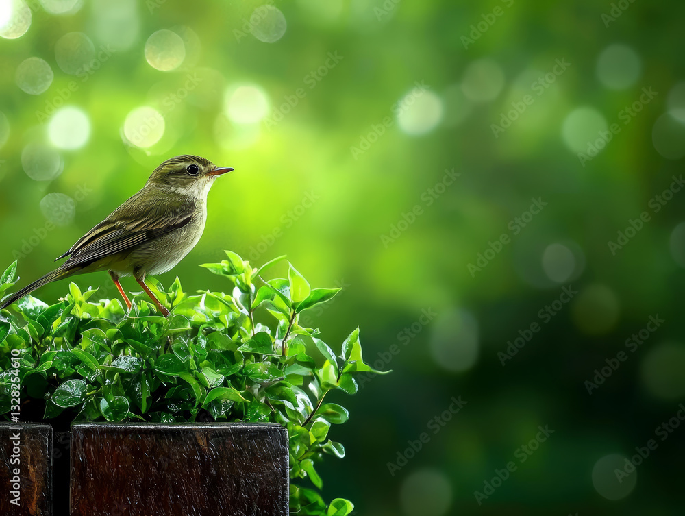 bird perched on plant, basking in serene ambiance, its delicate posture reflecting moment of tranquil repose in nature