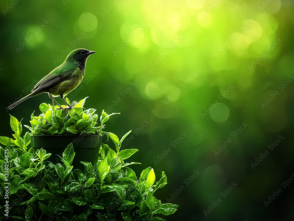 vibrant bird perched atop lush green plant, basking in warm sunlight, appears content and at peace in its natural environment