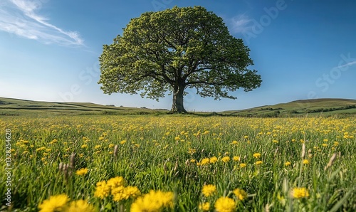 Majestic solitary tree standing tall in a vibrant yellow flower meadow under a clear blue sky with gentle clouds, symbolizing peace and tranquility