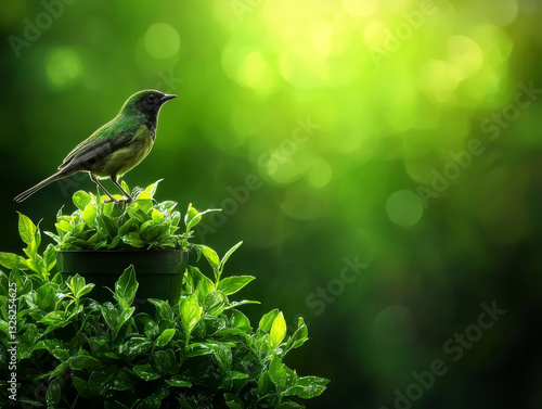 Obraz na płótnie vibrant bird perched atop lush green plant, basking in warm sunlight, appears content and at peace in its natural environment w salonie