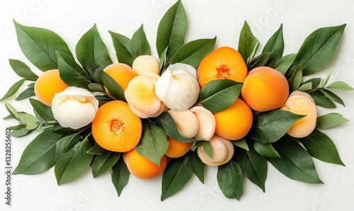 Fresh and Colorful Arrangement of Peaches and Apricots with Green Leaves