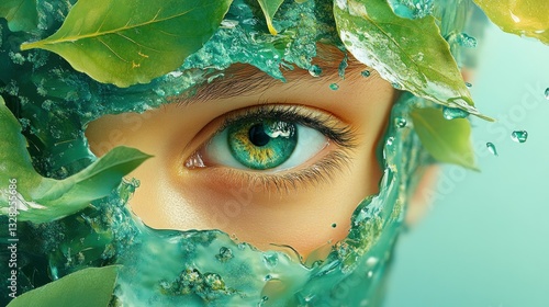 Surreal Close-up of Human Eye Surrounded by Water and Green Leaves