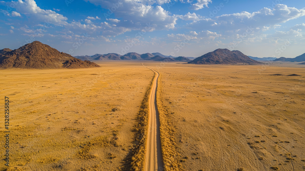 Dirt road stretches endlessly through arid desert, evoking feelings of isolation and vastness, under bright, open sky
