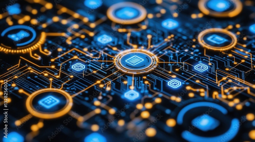 Fototapeta premium High-tech circuit board featuring a bright blue light illuminating the intricate electronic components