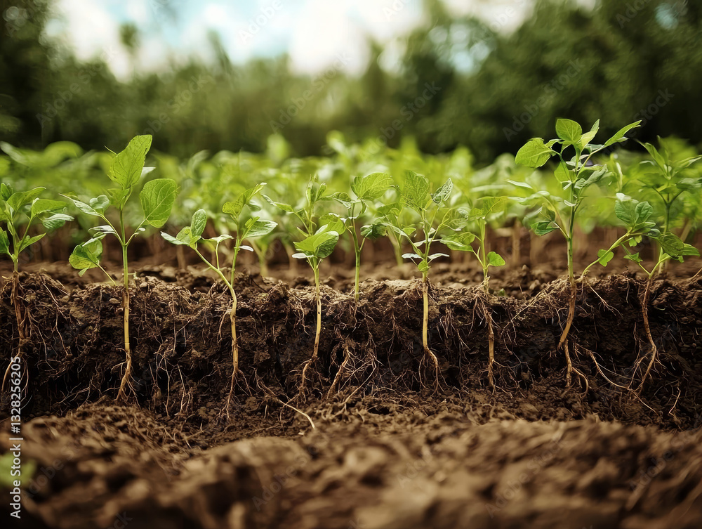 field of plants growing, showcasing hopeful start with healthy roots, earthy tones and vibrant greens convey growth and vitality