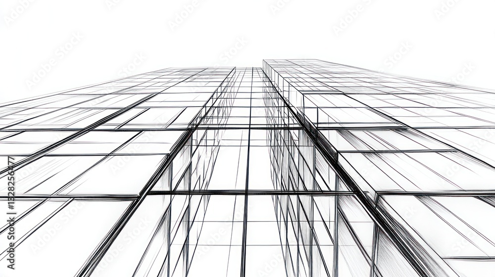 Abstract architectural drawing of skyscraper facade, perspective view, possible use in architectural design or illustration Abstract architectural drawing of skyscraper facade, perspective view, possible use in architectural design or illustration