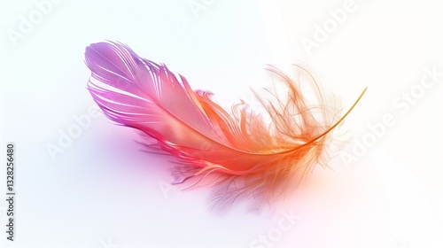 A majestic, colorful phoenix feather, glowing softly and placed delicately against a stark white background.
