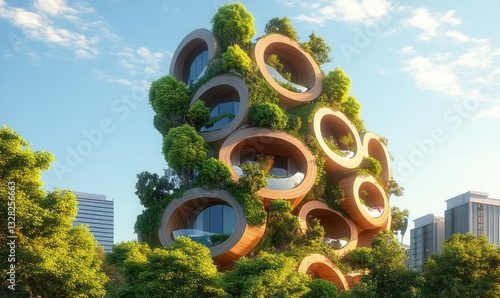 Contemporary eco-friendly building with unique circular architecture and greenery