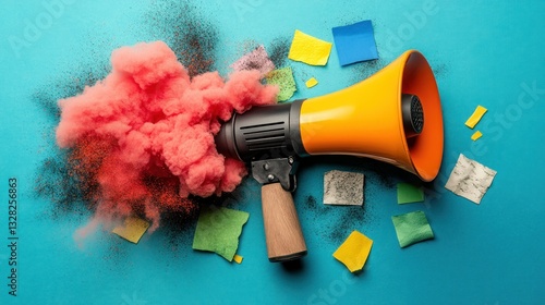 Vibrant Explosive Color Cloud Erupting from a Megaphone on Blue Background