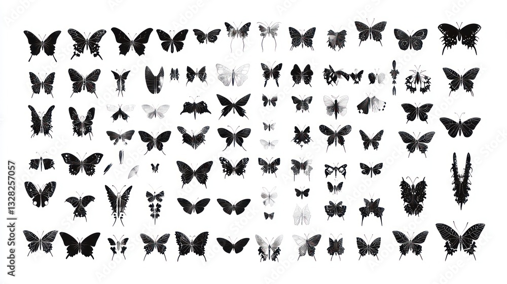 Naklejka premium Diverse black butterflies collection, studio shot, white background, insect study