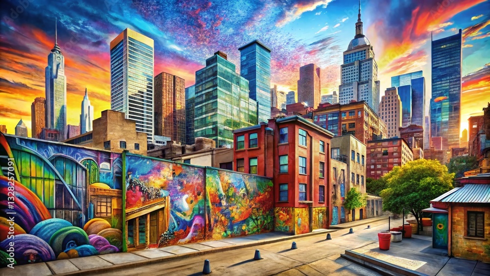 Obraz premium Panoramic Watercolor Graffiti Cityscape: Vibrant Murals & Skyscrapers