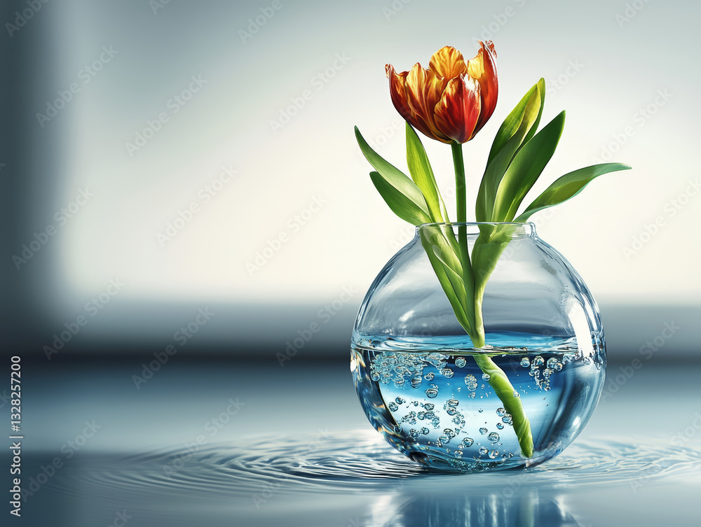 vibrant tulip in glass vase brings refreshing calmness, light reflecting off water and petals creating serene and captivating scene