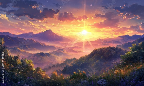 Majestic Sunrise Over Serene Mountain Landscape with Vibrant Colors and Soft Clouds Illuminating the Tranquil Valley Below in a Stunning Natural Setting