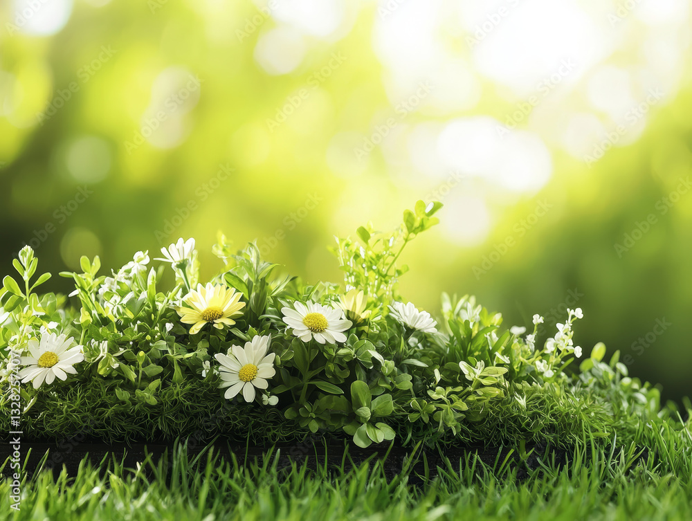 Green yellow flower arrangement grassy gleam and shine create happy, fresh atmosphere. scene is pure and vibrant, full of life