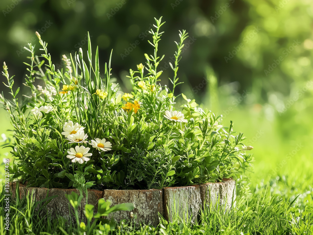 vibrant green and yellow flower arrangement in grassy setting evokes sense of natural beauty and tranquility, radiating warmth and peacefulness