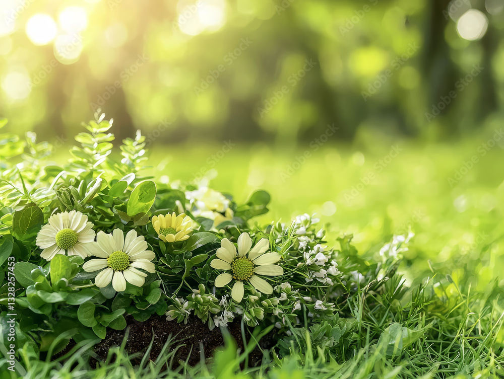 serene green and yellow floral arrangement basking in sunlight, evoking sense of peace and natural beauty