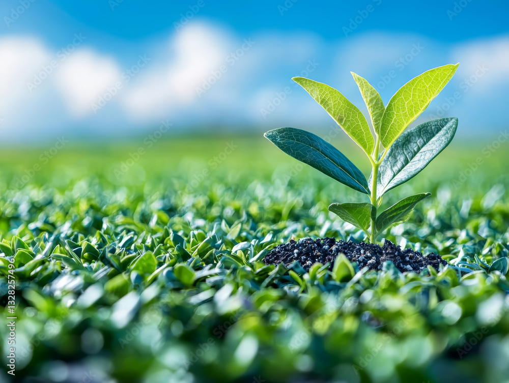 vibrant green field featuring thriving plant reaching towards sky, embodying growth and optimism with feeling of hopeful and peaceful