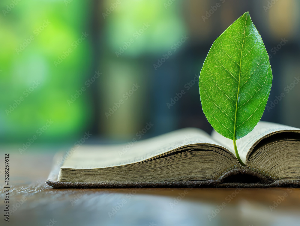 vibrant green leaf rests delicately atop an open book, symbolizing growth and joy of learning, natural harmony