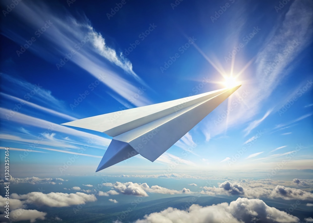 Fototapeta premium Panoramic White Paper Airplane Soaring in Blue Sky - Travel & Business Concept
