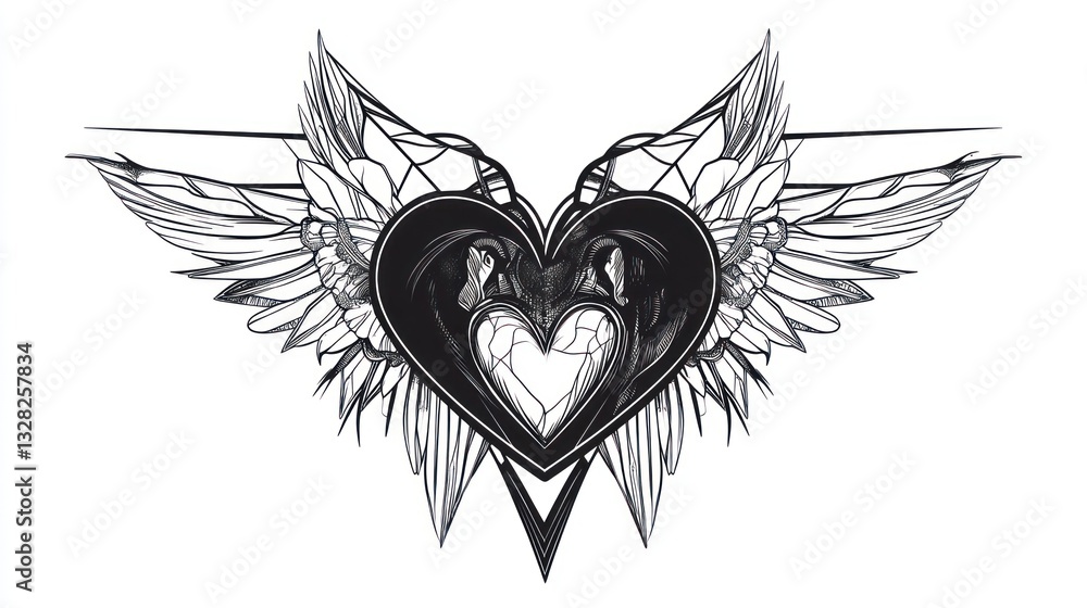 Obraz premium Winged heart tattoo design, isolated on white, for art, print