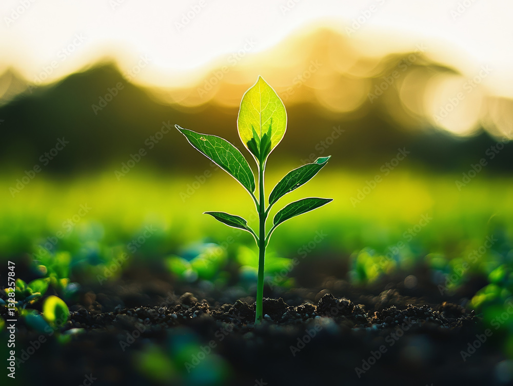 verdant green plant thrives in field, basking in warm glow of sunlight, symbolizing hope and growth