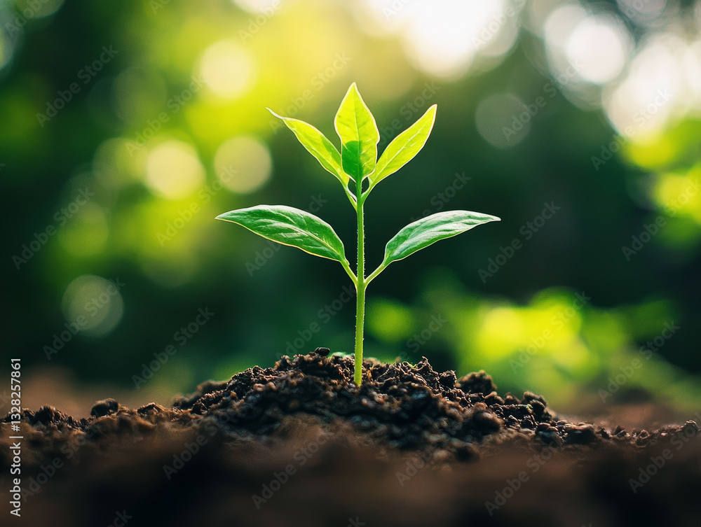 Young green plant thrives in fertile soil, bathed in sunlight, showing vitality, hope, and new beginnings in lush outdoor field