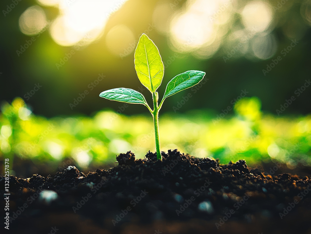 vibrant green plant emerges from rich soil, bathed in sunlight, symbolizing hope, growth, and promise of flourishing future