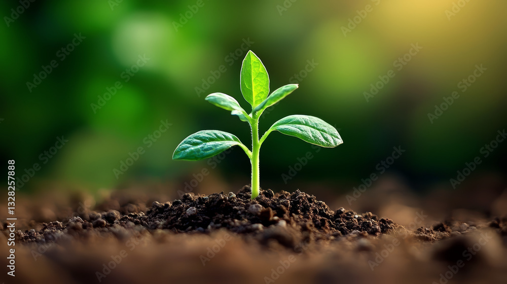 small, vibrant green plant emerges from dark earth, reaching for sun with hopeful growth in middle of field