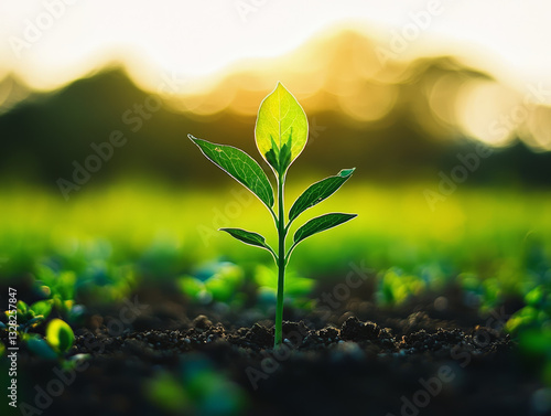 Obraz na płótnie verdant green plant thrives in field, basking in warm glow of sunlight, symbolizing hope and growth w salonie