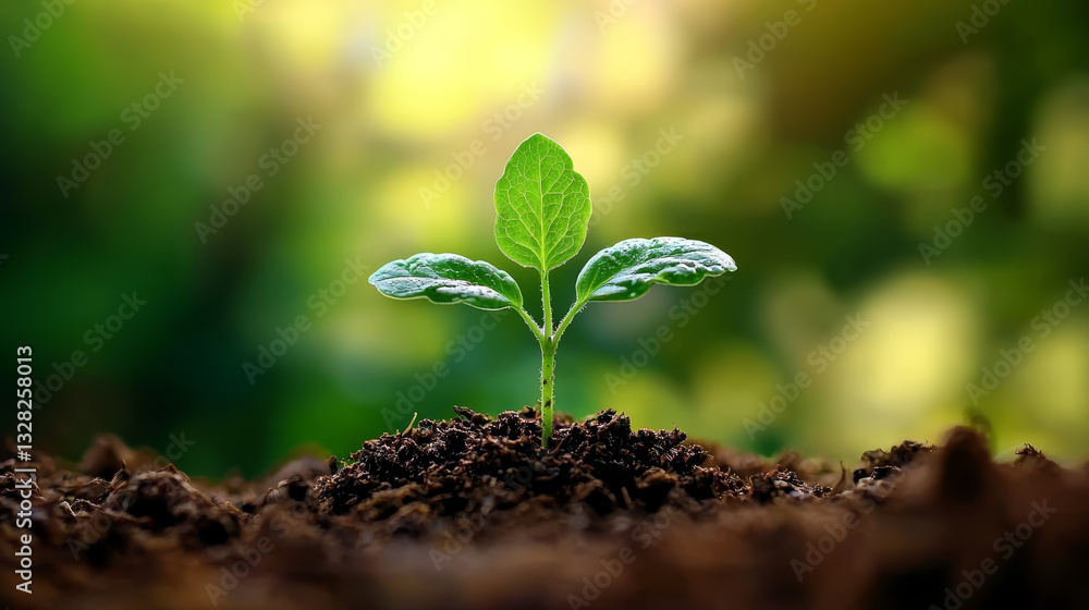 vibrant green plant emerges from earth, reaching for sun, symbolizing hope and new beginnings in bright field