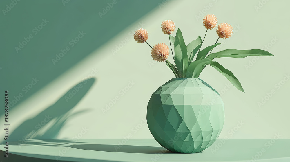 captivating green vase sits serenely on table, basking in sunlight, evokes sense of peace and tranquility